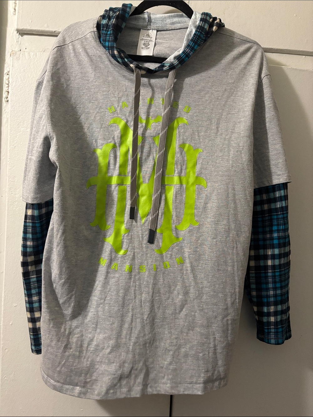 Disney Grey Hoodie-Style Tee with Neon Green Graphic and Blue Plaid Sleeves